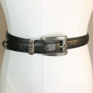 BRIGHTON dark gray lizard grain leather belt silver buckle S